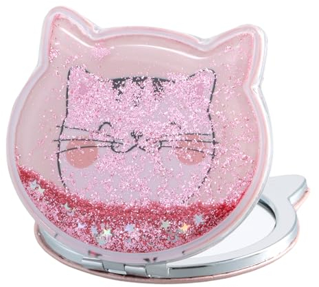 Taschenspiegel, Handspiegel, Schminkspiegel, Taschenspiegel Klappbar, Mini Spiegel klappspiegel, Reisespiegel Doppelseitig Kosmetikspiegel mit Vergrößerung 1X/2X Niedliche Katzenkopfform (Rose)