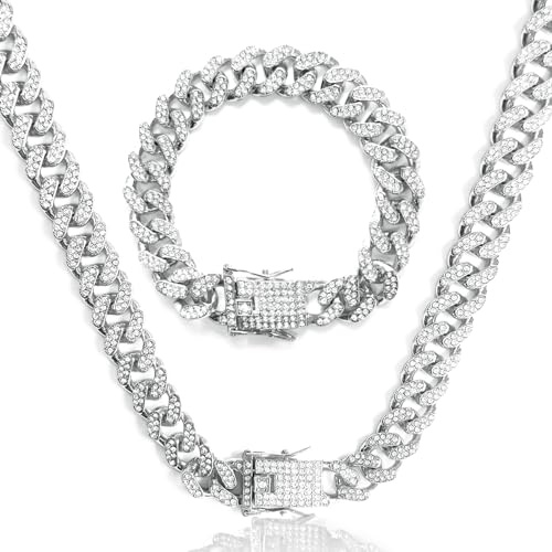 LOCCY 12 MM Cuban Link Chain Iced Out for Men, Cuban Chain Necklace Bracelet Rhinestone Necklace Bling Diamond Chain, Unisex Miami Style Punk Choker Necklace with Lobster Clasp (Silver, 55)