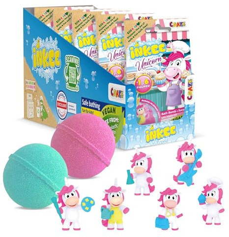 INKEE Surprise UNICORN PROFESSIONS 5 x badbomber för barn med överraskning, 5 enhörningar att samla – 5 x 100 g enhörning badbomb med bananmjölkshakearom och jojobaolja, rosa eller grön