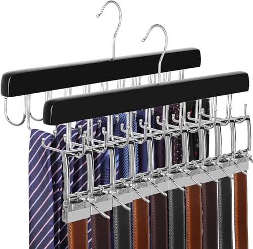 TOPIA HANGER 2 en 1 Cintres Bois pour Cravates et Ceintures,20 Crochets,Porte Cravate en Bois, Cintre de Ceinture pour organiseurs et Rangement, U pour Ceinture,一 pour Cravate,2 Pièces- CT52B