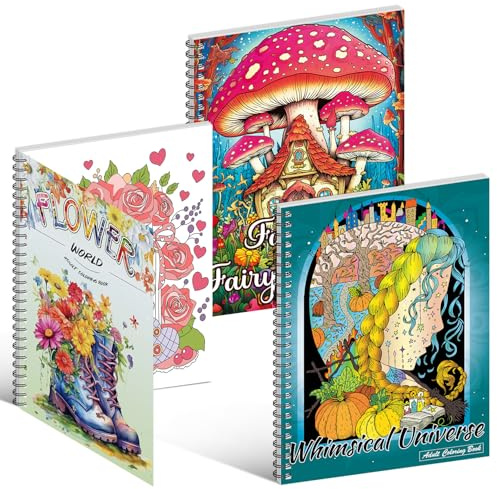Kalysky 3 Pack Adult Colouring Books, A4 Colouring Books for Women | Themes: Flower World, Whimsical Universe, Fantasy Fairy Homes for Stress Relief, Mindfulness Colouring Gift for Adults