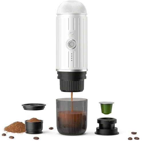 Macchina Espresso Portatile Elettrico Ricaricabile 12V Riscaldamento On-Click Macchina Caffettiera Automatica Compatibile con NS Capsule e Caffè Macinato per Campeggio Viaggi Casa (Bianco)