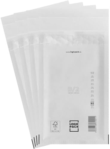LOGIC PACK 50 Buste Imbottite B2 140 x 225 mm - Buste per Spedizioni Bianche con Pluriball Rinforzato, Carta FSC Autosigillante, Ideali per Vinted, Gioielli, Elettronica, Formato DIN A6