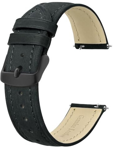 BISONSTRAP Extra Lange Armband 20mm, Leder Uhrenarmband für Herren, XL Ersatzarmband für Große Handgelenke, Schwarz (Schwarze Schnalle)