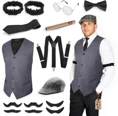 Festicy Disfraz años 20 hombre I Disfraz de gángster con chaleco en L, tirantes, corbata, boina, pajarita, bigotes y más I Disfraz adulto carnaval disfraces hombre carnaval I 1920s Gatsby accesorios
