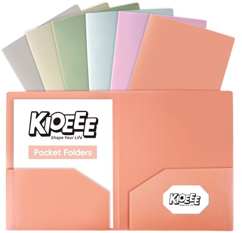 Kioeee Plastic Folders with Pockets (6 Pack), Heavy Duty Plastic Folders with 2 Pocket and Business Card Slot.Fit Letter Size Paper,Cute, Pastel Color for School