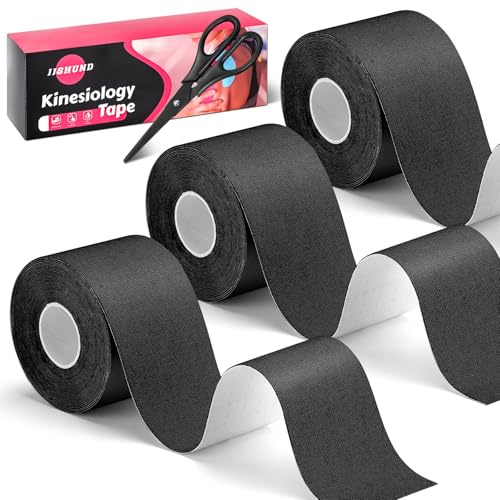 3 Rollen Kinesiologie Tape, Wasserfestes Sporttape Elastisch 5 cm x 5 m Ungeschnitten Sport Tapes mit Schere für Knöchel Handgelenke Knie Schulter Muskeln (Schwarz)