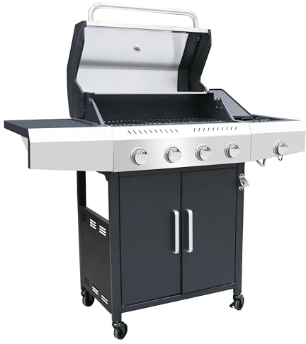 BRICOZONE Barbecue A Gas Professionale XXL 5 Bruciatori Con Bruciatore Laterale 16 Kw Coperchio Doppio Termometro Ruote Piani Laterali Scaldavivande E Griglia In Acciaio Inox (5 Fuochi)