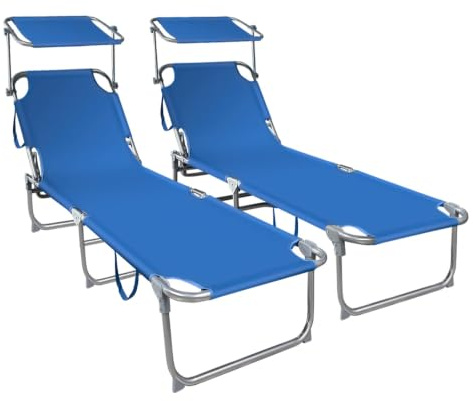 vounot® Lot de 2 Chaise Longue Bain de Soleil avec Pare Soleil Transat Pliable avec Parasol Bain de Soleil Inclinable en Polyester Charge Max 120KG Chaise Longue Réglable Bleu