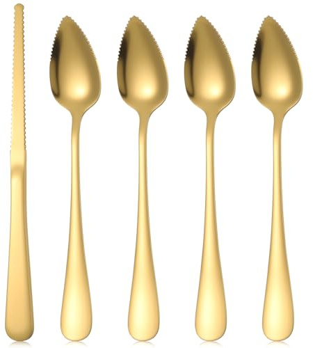 Set di 3 cucchiai di pompelmo, 4 cucchiai di pompelmo in acciaio inox e 1 coltello da pompelmo, bordi seghettati, cucchiai di frutta, per bacche di kiwi, pompelmo, mele (oro)