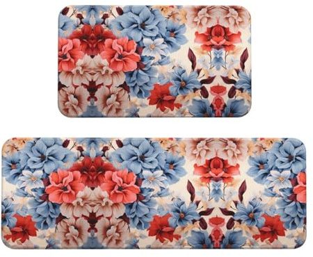 Floral Flower Print Kitchen Rugs Set of 2, Cushioned Anti-Fatigue Kitchen Mats for Floor, Waterproof Comfort Standing Mat Absorbent Velvet Kitchen Runner Rugs 17x30+17x47