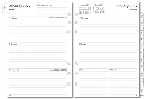 2027 dagbok påfyllning A5 storlek 6 hål, vecka på 2 sidor jan-dec 2027, vecko- och månadsplanerare med flikar, lösenord, anteckningar och kontakt, 6 ringar pärm kalenderinlägg, kompatibel med Filofax