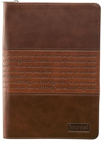 Christian Art Gifts Classic Faux Leather Journal Strong and Courageous Joshua 1:57 Bible Verse, Brown Inspirational Notebook, Lined Pages w/Scripture, Ribbon Marker, Zipper Closure