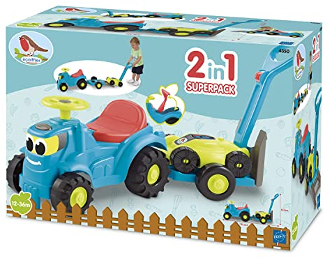 Ecoiffier – Rutschauto mit Rasenmäher – 2in1 Kindertraktor mit Anhänger und Rasenmäher, Gartenspielzeug für Kinder ab 12 Monaten