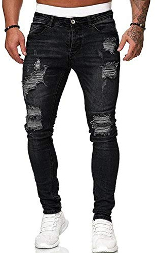 Men's Stretch Skinny Ripped Jeans, Super Comfy Distressed Denim Pants with Destroyed Holes (Black, L)