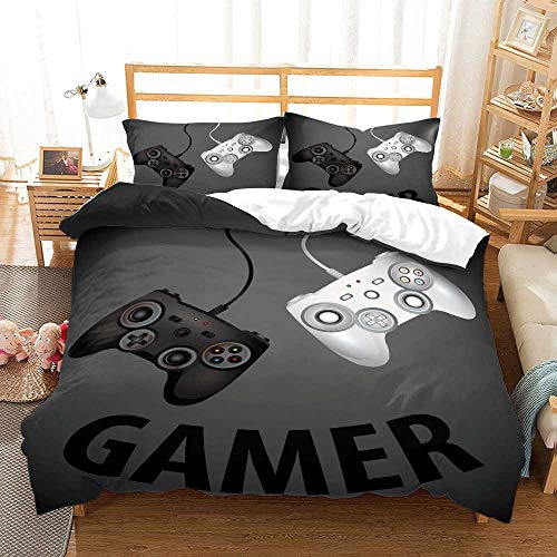Boy Teens Youth Black Gamer Duvet Cover with Zipper Microfiber Dorm Decoration, 3D Video Game Game Controller Bedding Set Quilt Cover with Matching Pillowcase (Grey, Single 135x200cm)