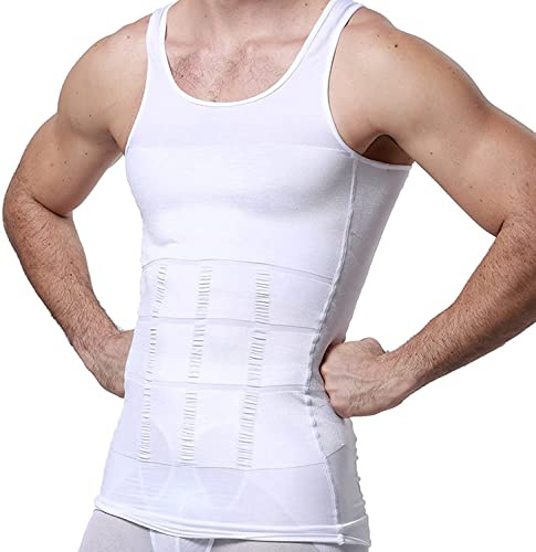 Mäns smala tanktopp kroppsformare kompression skjortor för män smala undertröjor abs väst för träning mage, vit, Vit, L