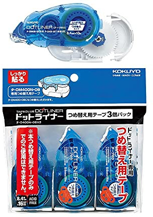 Kokuyo Co., Ltd Dot Liner självhäftande tejpdispenser, 8,4 mm starkt lim, dispenseringspaket DM400-08 och 3 påfyllningar på 16 m D400-08, japansk import