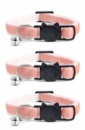 Velvet Cat Collars with Bell. Safe Breakaway Quick Release Buckle. Available in Cat & Kitten Size (Pack of 3) (Cat Collar (20cm - 30cm), Peach Velvet (Pack of 3))