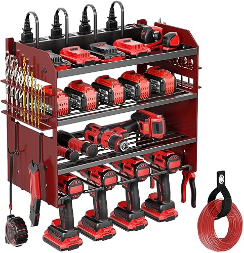 POKIPO Power Tool Organizer Wandhalterung mit Ladestation, robuster 4-lagiger Bohrerhalter, Werkzeugaufbewahrung in 8 Steckdosenleisten, Utility Rack mit 2 m Kabel für Garage, Werkbank und Werkstatt