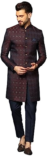 KISAH Men's Sherwani Set with Trouser – Textured Silk Blend Jacquard Ethnic Set with Mandarin Collar – Indian Wedding & Festive Wear for Diwali, Eid & Celebrations, Wine, 40