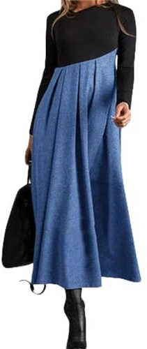 shownicer Robe Femme Manches Longues Robe A-Line à Col Rond Vintage Casual Robe en Laine Taille Haute Décontractée Elegant Robes Longues pour Automne et Hiver