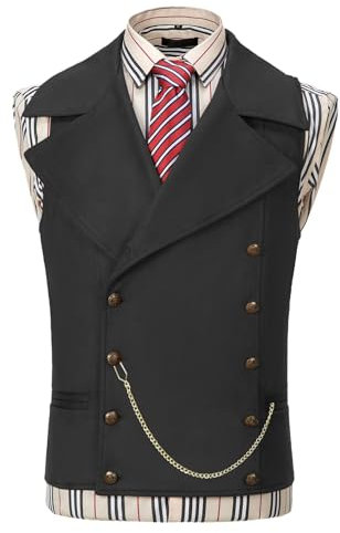 AeoTeokey Herren Anzug Wildleder Weste Zweireiher Klassische Cowboy Weste Kunstleder Großes Revers (Schwarz,L)