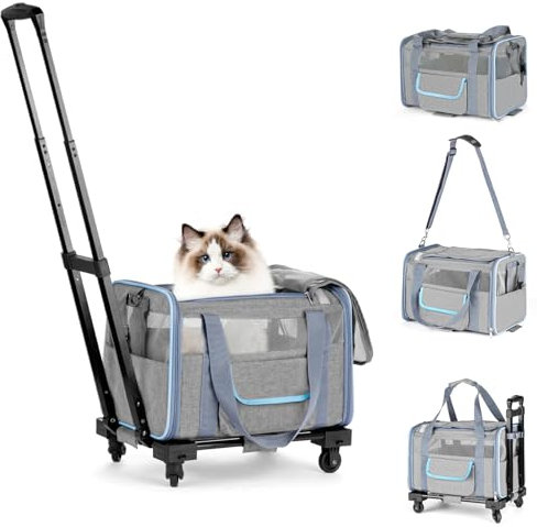 UNICITII Faltbare Transportbox mit Rädern, Hundetragetasche Katzentragetasche für Flugzeug Pet Carrier Transporttasche Airline Zugelassen für Kleine Hunden Katzen bis zu 20 Lbs (Grau-mit Trolley)