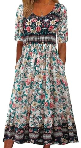 ABYOVRT Robe Longue Femme Col Round Robe à Manches Courtes Boho Décontractée Imprimé Floral Vacances Maxi Ete Robe Chic et Elegant Casual Dress avec Deux Poches,S-XXL