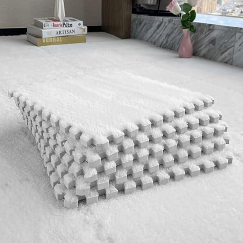 Lot de 10/20 dalles de moquette emboîtables en mousse - Motif puzzle - 30 x 30 cm - Avec bordure - Pour salon et chambre à coucher - Blanc