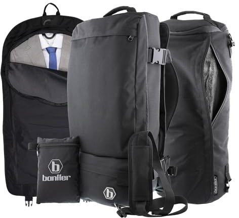 BANFFER- Mochila Portatrajes, Bolsa Viaje Negra, Porta Trajes Viaje Hombre, Convertible 2 en 1 para Traje Hombre, Equipaje de Mano con Banda Reflectante, Funda Impermeable, Roll-Up Garment Bag, Regalo