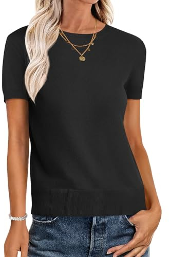 ANRABESS Womens Short Sleeve Sweaters Wool Blend Crew Neck Sweater Shirts Business Casual Work Tops 2026 Summer Outfits Black M