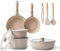 BOREINE Batterie de cuisine, Set induction casserole et poêle tout feux avec couvercle, Lot poêle avec poignée amovible, Revêtement antiadhésif, Compatible au four (Marron 14 Pce)