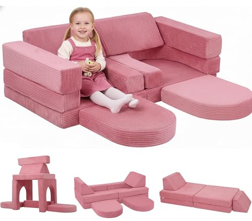 MeMoreCool Elegant Corduroy 10-Piece Kids Play Couch, Modular Foam Sofa Fort Building Set for Girls, Convertible Toddler Couch with Washable Covers for Playroom and Bedroom, Vintage Rose Pink