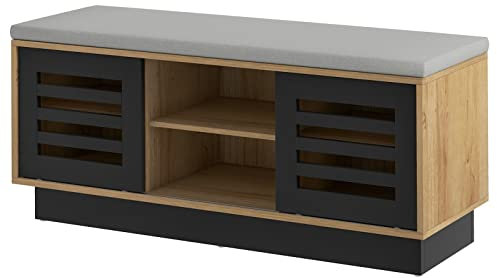 GOPLUS Schuhbank mit Sitzfläche, Schuhtruhe mit 6 Ablagefächern & 3 verstellbaren Ablagen, Ablagen mit 2 Schiebetüren, Schuhregal Schuhschrank für Wohnzimmer, Flur, 99,5 x 34,5 x 46 cm (Natur)