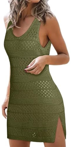 2025 - Traje de baño sólido para mujer, cubiertas de verano, crochet ahuecado de punto, traje de baño, vestidos de playa patrón de costura vestido de mujer, verde, S