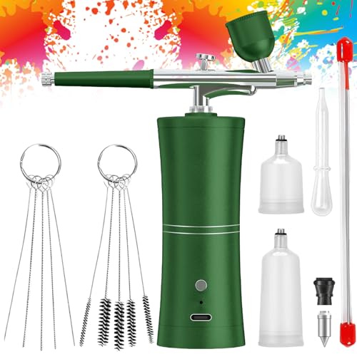 Kit aerografo portatile, ricaricabile, con spazzola, mini aerografo con compressore per nail art, decorazione torte, trucco, modellazione tatuaggio, colorazione modello (verde)
