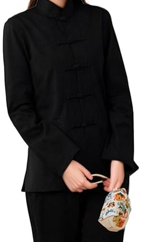 Lazutom Chemise en lin à manches longues pour femme Arts martiaux chinois Kung Fu Tai Chi Tang Suit Haut, Noir , L
