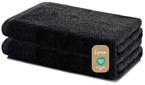 Lavea Juego de 2 Toallas de Ducha de 60 x 120 cm, Suaves y absorbentes de 100% algodón, con Certificado Öko-Tex, con Trabillas para Colgar, Lavables a 60 Grados, Toallas de baño Wellness, Negro