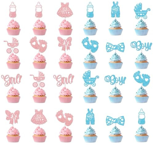 ZORVYN 24 Piezas Decoración de Pasteles para Fiesta de Revelación de Género, Baby Boy or Girl, Topper para Cupcakes y Tartas, Decoración para Baby Shower y Bautizo (Azul, Rosa)