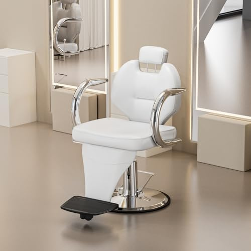 Joiemebi Fauteuil de Coiffure, Chaise à Coiffeur Hydraulique Inclinable Barber 360° pour Salon de Coiffeur à Domicile et Professional, Salon de Beauté, 61 x 57 x 91-104 cm (Blanc)