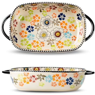 EAZHOP Ceramic Baking Dish, Rectangular Ceramic Oven Dishes with Handle 600ml 23.8 x 13.2 x 5.2 cm, Hand-Painted Colorful Floral Embossed Design for Lasagna, Roasts, Serving, 1Pack