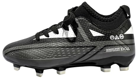 Kids Football Boots for Boys and Girls, High Top Youth Football Trainers with Ankle Support, Lightweight Non Slip Sports Shoes for Firm Ground Training and Matches (Black,5)