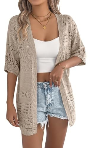 Générique Gilet Femme Long, Gilet Cardigan Ajouré À Manches Courtes pour Femme, Tricoté Au Crochet, Léger, Idéal pour L'Été, Protection Solaire Et Tenue De Plage.