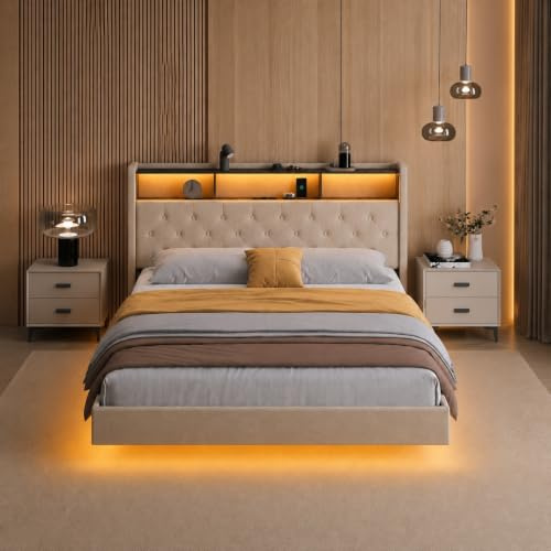 Xbro Lit 140x200 cm avec Sommier, Lit Double Multiprise et Éclairage LED, avec Tête De Lit Rembourrée Et Rangement, Design Flottant Moderne, sans Matelas, Beige