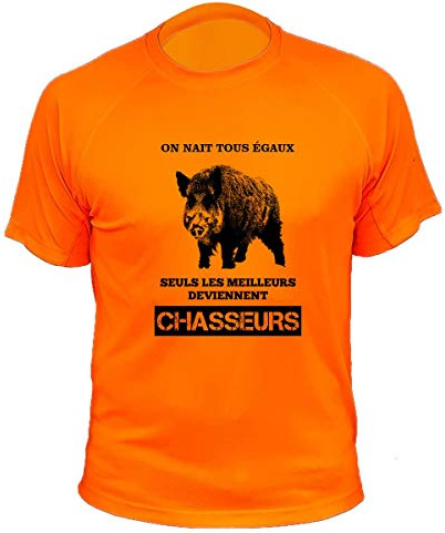 Tee Shirt Chasse on naît Tous égaux, Seuls Les Deviennent Chasseurs Sanglier (SUTEO142-L), Orange, L