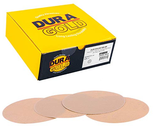 Dura-Gold Premium 180 Grit 6 Gold Sandpaper Discs, No Hole Pattern Dustless, Box of 50, Hook & Loop Backing for DA Sander, Finishing Coarse Sanding Abrasive Automotive Paint, Woodworking Wood, Metal