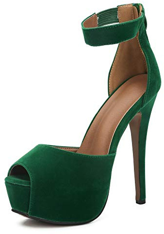 MAIERNISI JESSI Women's Platform High Heel Sandals, Ankle Strap, Peep Toe, Stiletto Heels, Zip Velvet Emerald Green 41-9.5 US