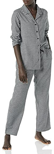 Amazon Essentials Ensemble pyjama en flanelle à manches longues et pantalon boutonné sur le devant pour femme, vichy noir et blanc, taille XL