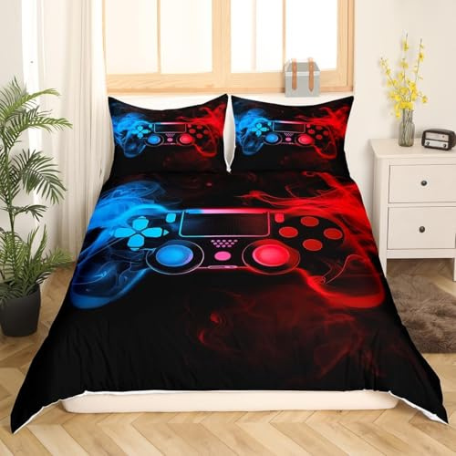 Teens Spieler Bettbezug 135x200,Jungen Spiel Joysticks Reversibel Bettwäsche-Set,Kinderspielkonsolen-Trösterbezug,Gampad Videospiele Tagesdecken,Alte Retro Spielmaschine Schlafzimmer Dekor Rot Blau
